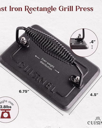 Cuisinel Cast Iron Griddle/Grill + Burger Press + Pan Scrapers - Reversible Pre-Seasoned 20" X 10" Dual Handle Flat Skillet + Griller Pan + Cleaning Accessories - Use Indoor/Outdoor Stove Burner, Gas