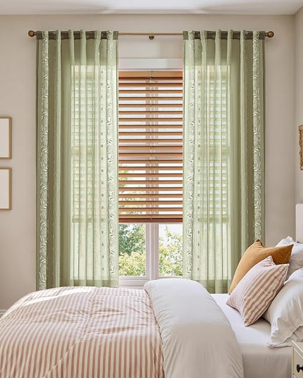 jinchan Winslow Sage Sheer Curtains 84 Inch for Bedroom Living Room Embroidered Bordered Floral Nursery Curtains for Playroom Dorm Light Filtering, Ivory on Sage, 2 Panels, 50W x 84L
