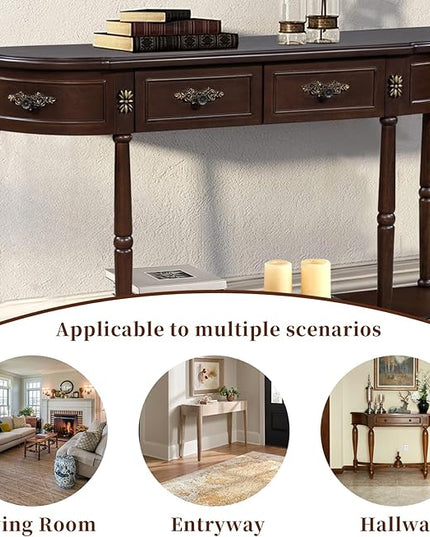 HMFULE Retro Curved Console Table, 52" Half Moon Console Table Sofa Table Entryway Table with 2 Drawers 1 Open Shelf Solid Pine Legs for Living Room,Entryway,Hallway,Espresso