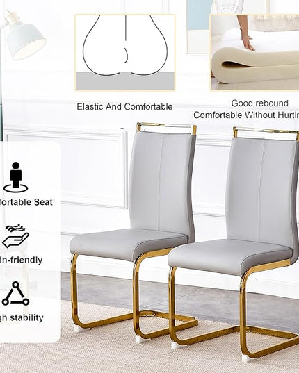 63” Dining Room Table Set for 6,Gold Rectangle Kitchen Table Set with PU Leather Chairs,Black Faux Marble Tempered Glass Top and Golden Base