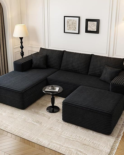 107.5" Cloud Modular Sectional Sofa with 1 Ottoman,Modern Minimalist Upholstered Couches, Comfort U Shaped Sofa for Living Room,Deep Seat Corner Couch，No Assembly Required (Black,Left Facing Chaise)