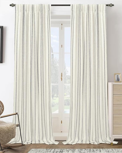 DriftAway Farmhouse Linen Blend Blackout Curtains 108 Inches Long for Bedroom Vertical Striped Printed Linen Curtains Thermal Insulated Lined Treatments for Living Room 2 Panels W52 x L108 Linen Grey
