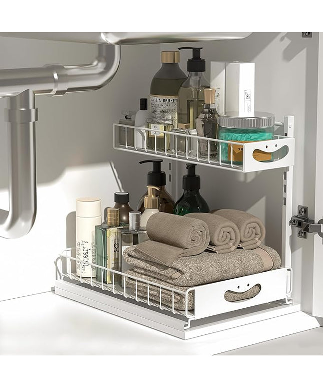 Under Sink Organizer with Pull-Out Drawers,Kitchen Sink Organizer,2 Tier Bathroom Organizers And Storage,Bathroom Accessories Set,White 1 Pack