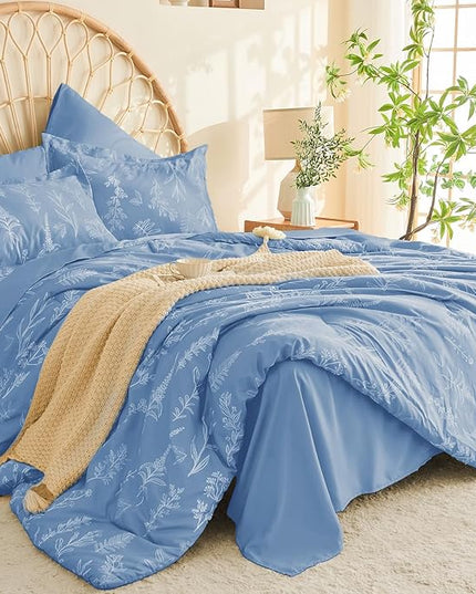 MUXHOMO Ice Blue Full Comforter Set, Elegant Floral Print Bed in a Bag 7 Pieces, Ultra Soft & Breathable Reversible Botanical Pattern Bedding Set with Comforter, Sheets, Pillowcases, and Shams