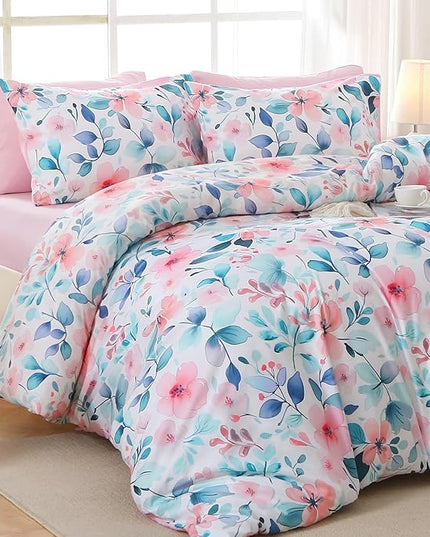 MUXHOMO Pink Blue Branch Bed in a Bag Queen 7 Pieces, Queen Comforter Set Reversible Botanical Flowers Design, Ultra Soft & Breathable Bedding Sets with Comforter, Sheets, Pillowcases & Shams