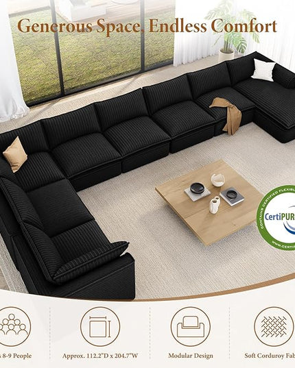 Vesgantti 204.7" Oversized Sectional Boneless Couch, Modern 9 Seater Modular Sofa with Chaise, Deep Seat Convertible Plush Corduroy Cloud Couches for Living Room, No Assembly Required, Black