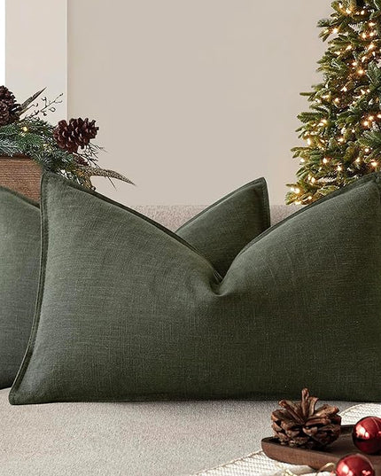 Foindtower Pack of 2, Decorative Linen Solid Throw Pillow Covers Accent Lumbar Cushion Case Boho Farmhouse Pillowcase for Chair Couch Sofa Bedroom Living Room Home Decor 12 x 20 Inch Dark Olive Green