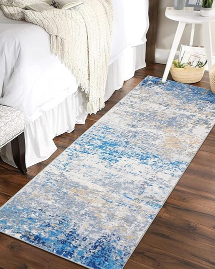 2x6 Modern Abstract Runner Rug Non Slip Soft Stain Resistant Low Pile Machine Washable Non Shed Rug for Hallway Kitchen Bathroom, Blue/Grey
