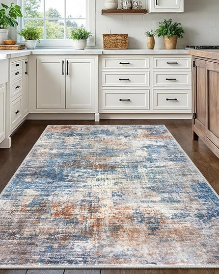 IOHOUZE Abstract Area Rugs 5x7 Ft Washable Rugs for Living Room, Non Slip Dining Room Rug, Printed Faux Wool Rugs for Bedroom, Floor Carpet for Office Nursery Playroom, Blue Rust