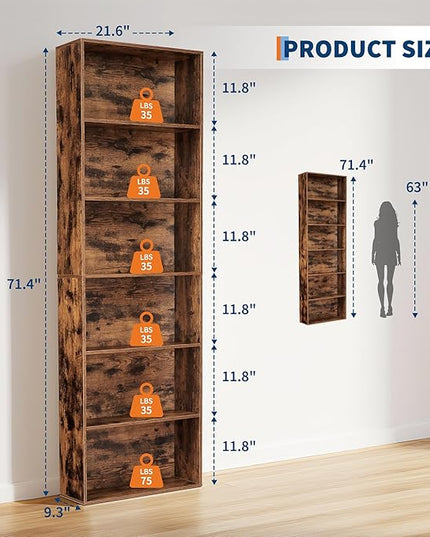 6 Tier Open Bookcase, Rustic Farmhouse Book Shelves, Spacious 6-Tier Organization for Storage, Organize Office, Durable & Resilient Build, Easy Assembly, Rustic Brown
