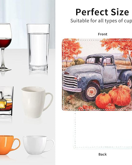 Thanksgiving Day Coasters Square Leather Drinks Coaster Set with Holder for Coffee Table Bar Home Decor 4 Inches Set of 6