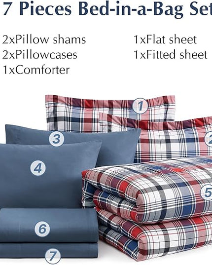 MaiRêve Queen Size Plaid Comforter Set Navy Red, Classic 7 Pieces Farmhouse Bedding Set, All Season Lightweight Bed in A Bag with Sheets, Pillowcases & Shams