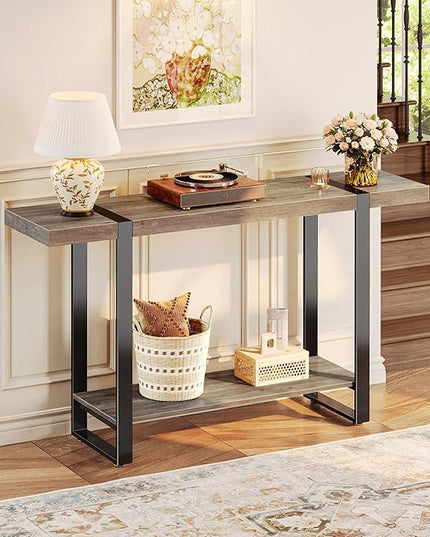 Huuger 47.2 Inch Entryway Table, 2-Tier Industrial Console Sofa Table with Storage, Accent Table, for Entry, Hallway, Entrance, Foyer, T-Shaped Metal Frame, Grey