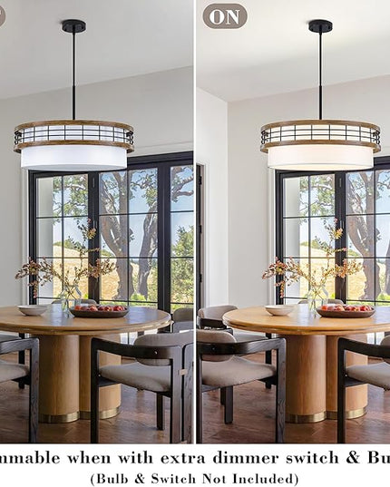 22" Large Drum Chandelier, Black and Wood Texture Pendant Light, 5-Light Farmhouse Kitchen Chandelier for Dining Room Foyer Entryway Bedroom