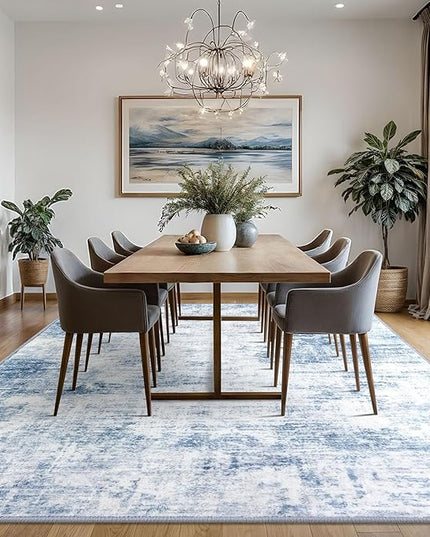 IOHOUZE Abstract Area Rugs 8x10 Ft Washable Large Rugs for Living Room, Non Slip Dining Room Rug, Printed Faux Wool Rugs for Bedroom, Floor Carpet for Office Nursery Playroom, Light Blue White