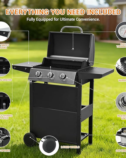Stainless Steel 3-Burner Gas Grill, 25650 BTU Outdoor BBQ Grill with Side Table, 338 sq.in Cooking Area, Perfect for Patio, Deck & Family Barbecues
