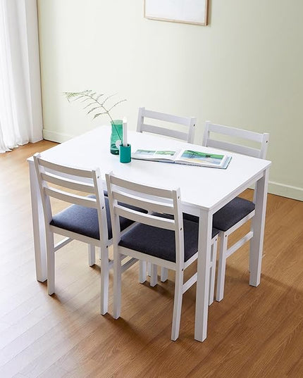 Livinia Seattle 5-Piece Wooden Dining Table Set for 4, Modern Farmhouse Kitchen Dining Room Set with Solid Wood Ladder Back Chairs for Small Space (White)