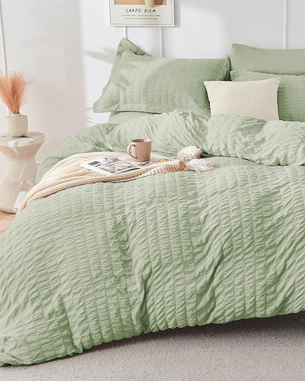 HYMOKEGE Light Green Full Size Comforter Sets Seersucker 7 Pieces, All Season Luxury Bed in a Bag for Bedroom, Bedding Set with Comforters, Sheets, Pillowcases & Shams