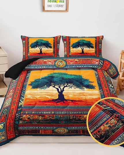 AILONEN Tree of Life Comforter Set Queen Size,Bohemian Ethnic Tree Pattern Comforter with 2 Pillowcases,3-Piece Retro Duvet Set