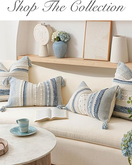 BlissBlush Coastal Blue Boho Decorative Throw Pillow Cover 20x20 Modern Bohemian Accent Pillow Case Square Woven Textured Farmhouse Pillows for Couch Bed (Pack of 1)