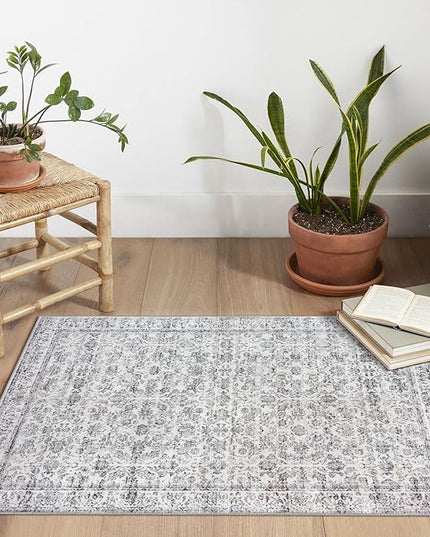 2x3 Washable Rugs Grey Blue White Small Area Rug for Entryway, Soft Non-Slip Indoor Door Mat Distressed Floral Low-Pile Neutral Vintage Carpet for Dorm Entrance Bedside Farmhouse