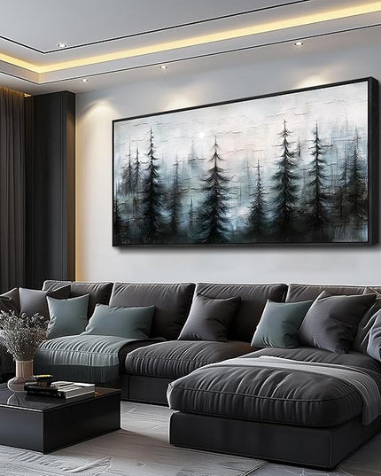 XIGUANGART Large Canvas Wall Art Misty Forest Landscape Pictures Nature Farmhouse Abstract Watercolour Painting Wall Decor Living Room, Bedroom Home Office Mural Decorations Artwork Black Framed