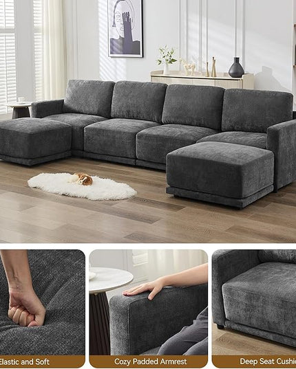 44.2" Chenille Oversized Chair with Movable Ottoman, Modular 1 Seat Couch with Thickened Cushions, Modern Single Sofa Chaise Lounge Reading Chair for Living Room, Small Apartment, Grey