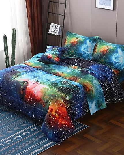 JQinHome Queen Galaxy Comforter Sets 6 Piece Bed in A Bag, Outer Space Themed Bedding for Children Boy Girl Teen Kids,1 Comforter, 1 Flat Sheet, 1 Fitted Sheet, 2 Pillowshams, 1 Cushion Cover(Blue)
