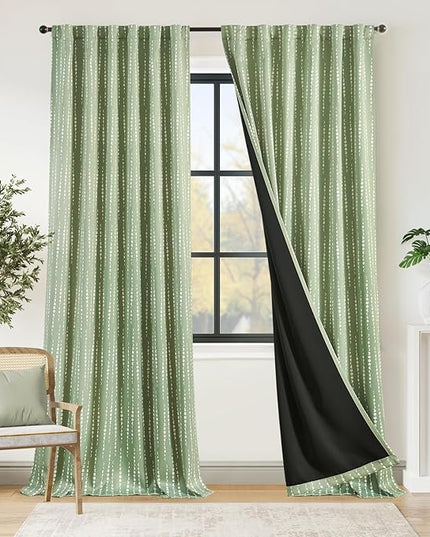 jinchan 95% Blackout Bohemian Moon Phase Print Bedroom Curtains 96 Inch Long Sage Green Pole Mouth Rear Label Insulation for Nursery Curtain Set 2 Panels