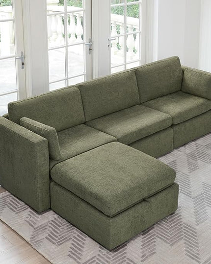 CHITA Oversized Modular Sectional Sofa, FSC Certified L Shaped Couch Reversible Chaise, Modular Sectional Couch for Living Room,112 inch Width, 4 Seat Modular Sofa with Storage Ottoman, Moss Green