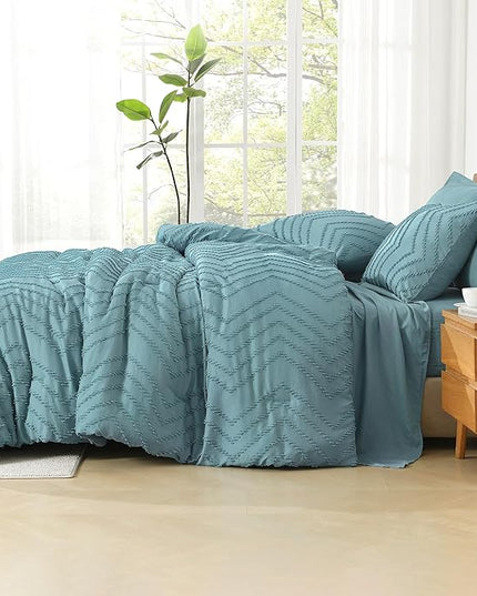 Litanika Super King Size Comforter Set with Sheets Grayish Teal - 7 Pieces Bed in a Bag Oversized King Boho Tufted Complete Bedding Sets with Comforter, Sheets, Pillowcases & Shams