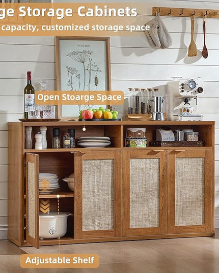 LEYAOYAO Rattan Sideboard Buffet Cabinet,45" Coffee Bar Cabinet with 3 Doors & Open Storage Shelf,Modern Credenza Console Table for Living Room Rattan Farmhouse entryway Brown