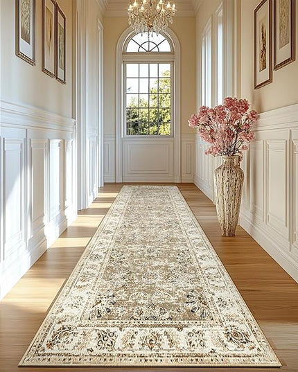jinchan Fiora Long Hallway Runner Rug 2x12 Machine Washable Runner Rug Taupe Vintage Floral Design Non-Slip Ultra-Thin for Kitchen Laundry Room Bedroom Farmhouse (2‘x12', Taupe)