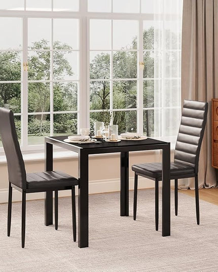 Gizoon 3 Piece Glass Dining Table Set, Kitchen and Chairs for 2, PU Leather Modern Room Sets for Home, Kitchen, Living Room