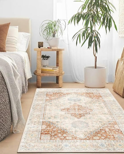 MUJOO 3x5 Rug Washable,Boho Area Rug for Bedroom Entryway Living Room Bathroom,Small Non Slip Indoor Throw Carpet Low Pile Terracotta