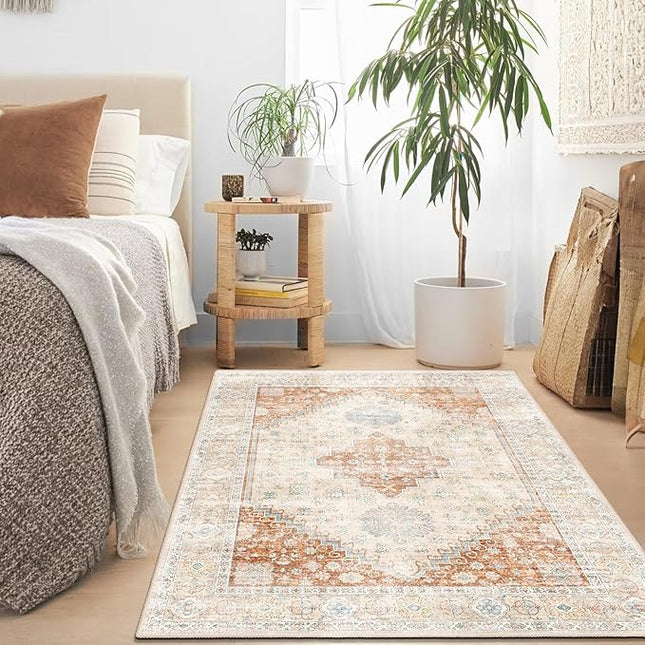 MUJOO 3x5 Rug Washable,Boho Area Rug for Bedroom Entryway Living Room Bathroom,Small Non Slip Indoor Throw Carpet Low Pile Terracotta