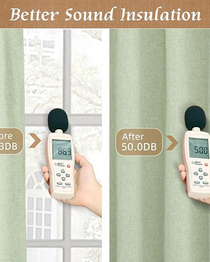 LAMIT Light Green 100% Blackout Linen Curtains, 84 Inch Linen Textured Living Room Bedroom Drapes Room Darkening Back Tab and Rod Pocket Neutral Panels with White Liner, 2 Panels, 52 x 84 Inch