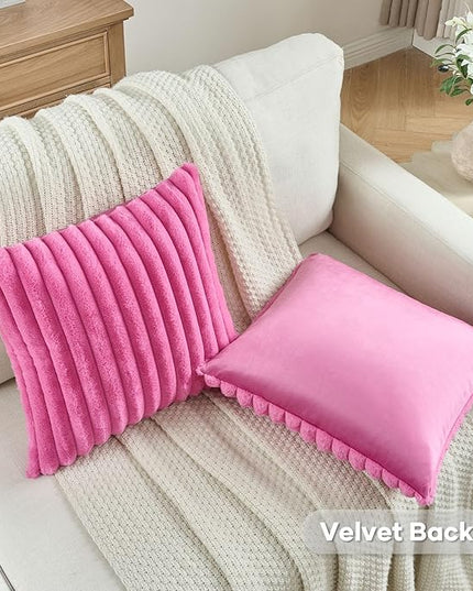 FUTEI Hot Pink Throw Pillow Covers Set of 2, 26x26 Inch Striped Texture Euro Pillow Shams with Soft Faux Rabbit Fur Front & Velvet Back, Modern Decorative Couch Pillows for Living Room