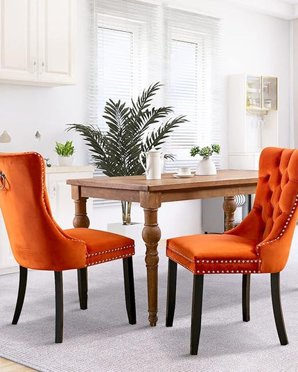 SoarFlash Velvet Dining Chairs Set of 2, Tall Back Side Chair, Modern Upholstered High-end Tufted Side Chair with Button Back Ring, Solid Wood Legs (Orange)