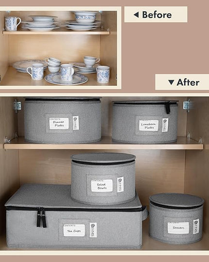 Hard Shell China Storage Containers 5-Piece Set Moving Boxes for Dinnerware, Glasses, Plates, Mugs and Saucers Sturdy Dish Organizer with Dividers for Seasonal Storage - Service for 12 - Gray