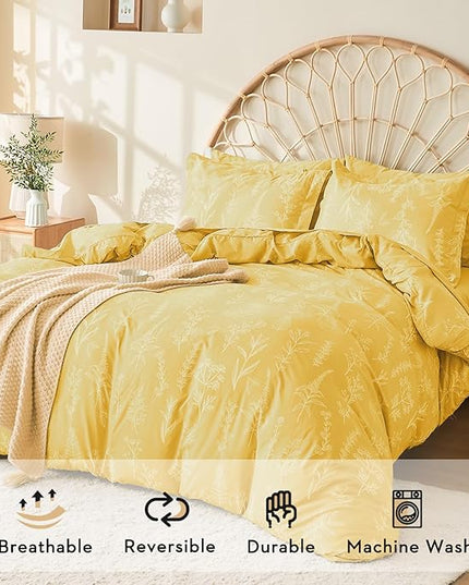 MUXHOMO Bright Yellow Bed in a Bag Queen 7 Pieces, Queen Comforter Set Reversible Botanical Flowers Design, Ultra Soft & Breathable Bedding Sets with Comforter, Sheets, Pillowcases & Shams