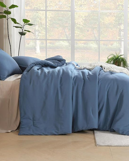 Litanika Haze Blue Comforters Oversized King Size, 3 Pieces Lightweight Solid Bedding Comforter Set, All Season Fluffy Bed Set (120x98In Comforter & 2 Pillowcases)