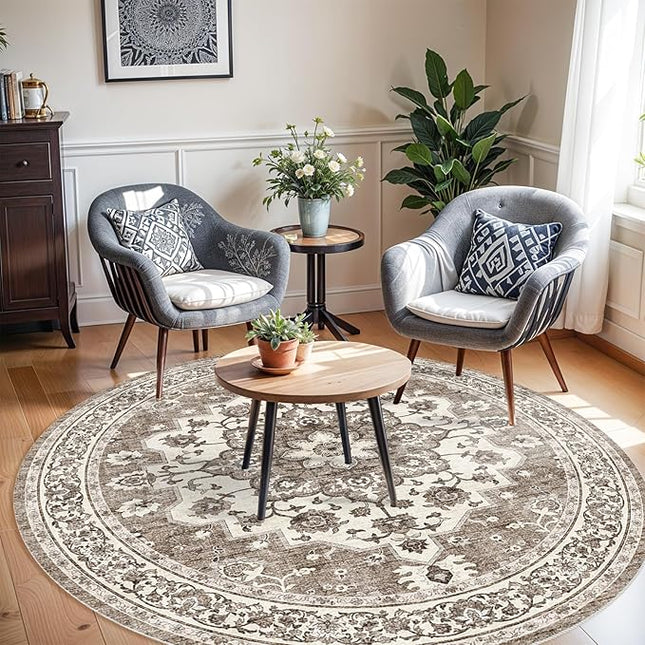 Washable Oriental Area Rug - 6ft Round Rugs for Living Room Soft Carpet for Bedroom Waterproof Floral Distressed Indoor Stain Resistant Non-Shedding Floor Carpets (Beige, 6ft-Round)