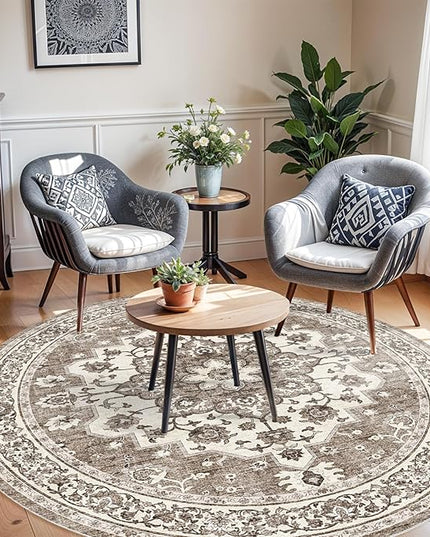 Washable Oriental Area Rug - 9ft Round Rugs for Living Room Soft Carpet for Bedroom Waterproof Floral Distressed Indoor Stain Resistant Non-Shedding Floor Carpets (Beige, 9ft-Round)