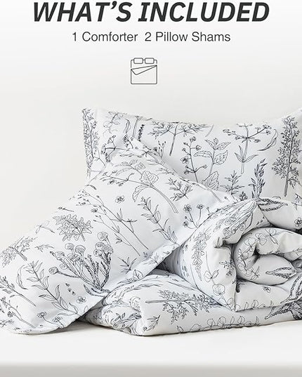 Love's cabin White Queen Size Comforter Set - Queen Comforter Set, 3 Pieces Cute Floral Bedding Sets for All Seasons,1 Soft Reversible Botanical Flowers Comforter and 2 Pillow Shams