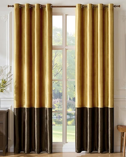 BULBUL Color Block Window Curtains Panels 90 inches Long Gold Brown Velvet Farmhouse Drapes for Bedroom Living Room Darkening Treatment with Grommet Set of 2