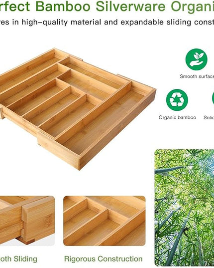 Pipishell Bamboo Silverware Organizer, Expandable Cutlery Tray, Utensil Drawer Organizer in Kitchen for Spoons Forks Knives, Multipurpose Use, Natural, Large