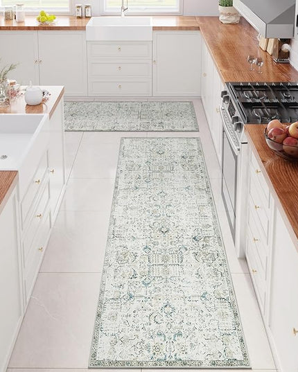 jinchan Kalen Runner Rug 3x8-2pcs Washable Hallway Rug Vintage Indoor Thin Retro Floor Cover Distressed Floral Country Lightweight Non Slip Carpet for Entryway Bathroom Kitchen Bedroom Stairway Blue