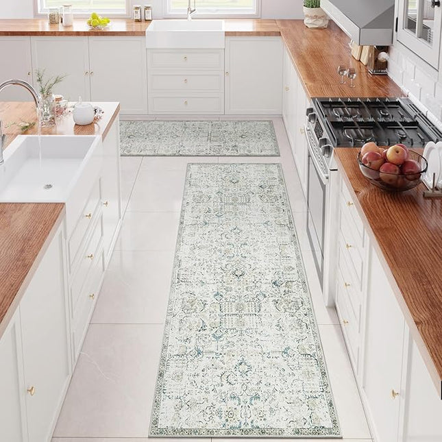 jinchan Kalen Runner Rug 3x8-2pcs Washable Hallway Rug Vintage Indoor Thin Retro Floor Cover Distressed Floral Country Lightweight Non Slip Carpet for Entryway Bathroom Kitchen Bedroom Stairway Blue