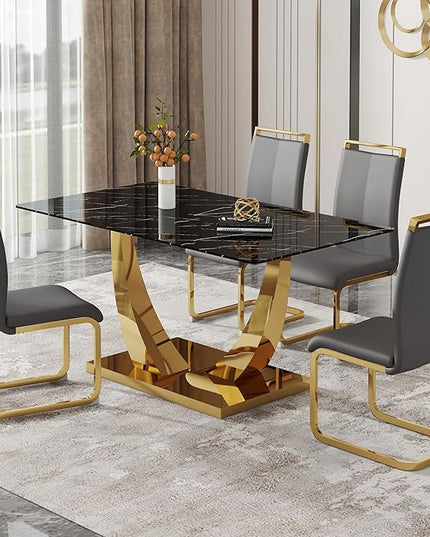 63” Dining Room Table Set for 4,Modern Gold Dining Table Set for 4 with PU Leather Chairs,Black Faux Marble Dinner Table Set with Tempered Glass Top and Golden Base